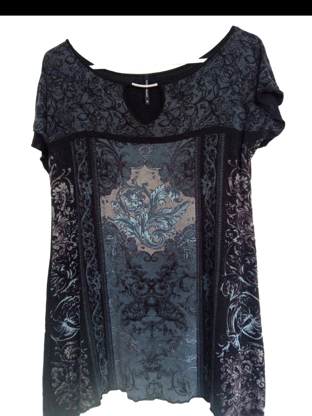 Skinnie Minnie Black and Teal Ornate Floral Print Blouse. M